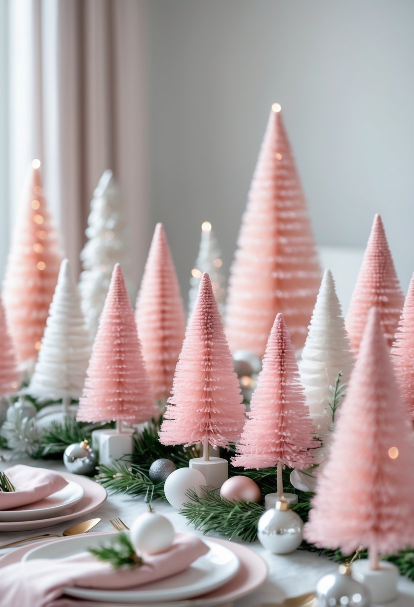 A table decorated with multiple small pastel pink Christmas tree miniatures and holiday ornaments.