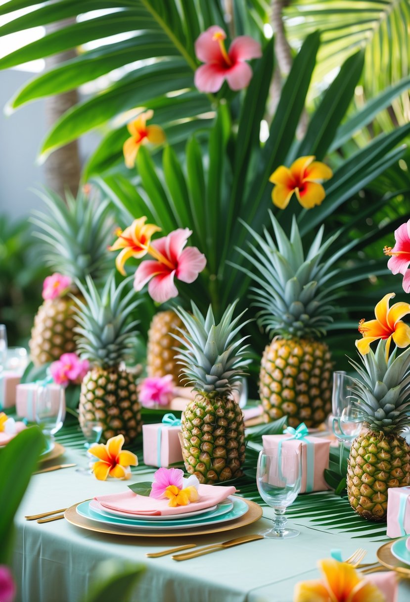 A baby shower table decorated with palm leaves, pineapples, and bright tropical flowers.