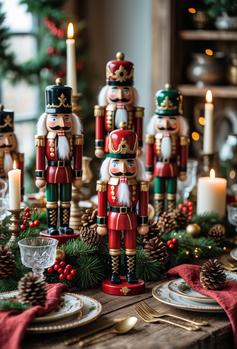 A wooden table decorated with handcrafted wooden nutcrackers, pinecones, evergreen branches, candles, and vintage holiday tableware.
