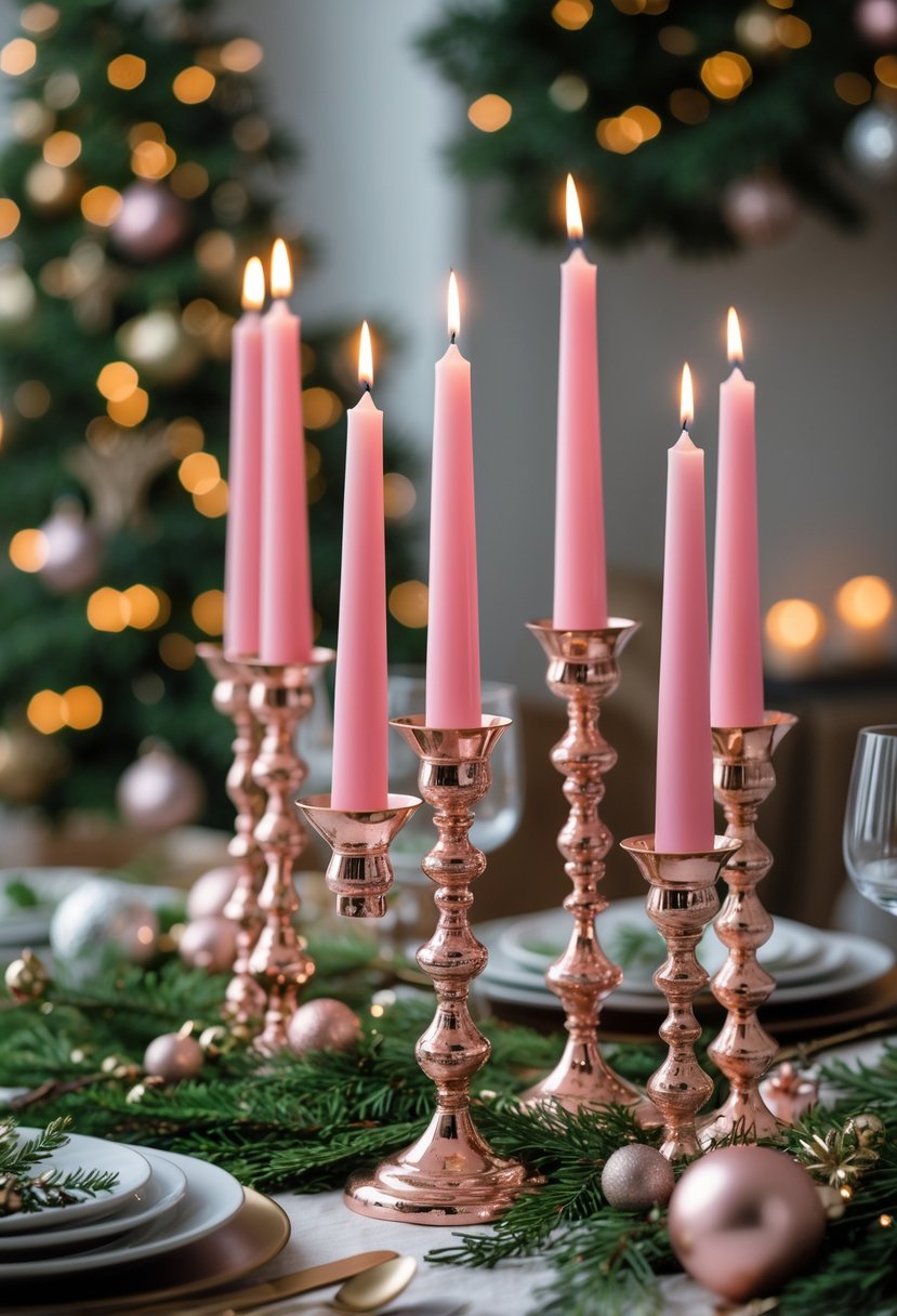 A holiday table set with rose gold candle holders holding pink taper candles surrounded by Christmas decorations and greenery.