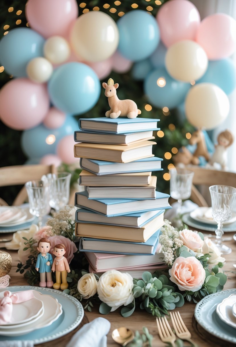 A baby shower table decorated with baby books as centerpieces, pastel balloons, flowers, and small toys.