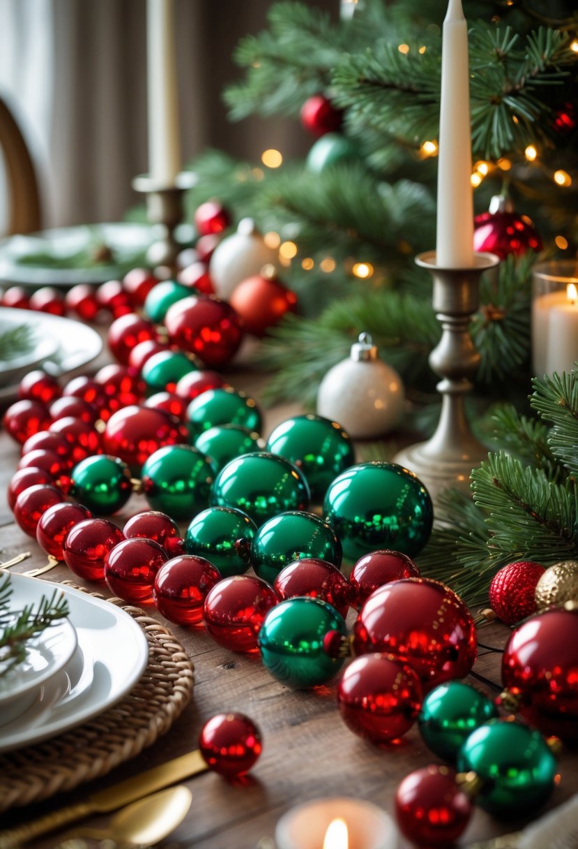 A Christmas table decorated with red and green glass beads, pine branches, candles, and rustic ornaments.