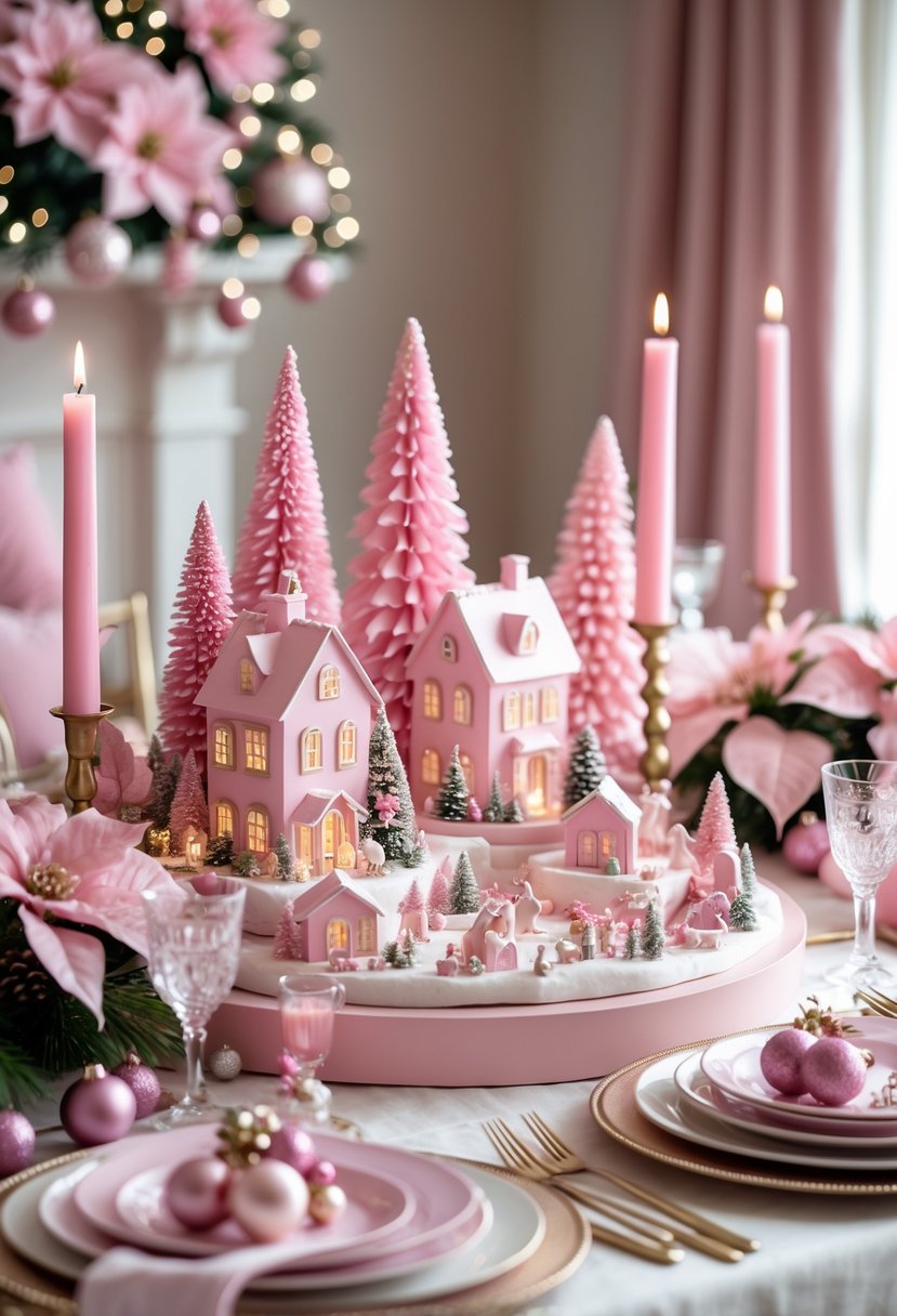 A pink-themed Christmas village centerpiece displayed on a decorated dining table with pink candles, flowers, ornaments, and miniature houses.