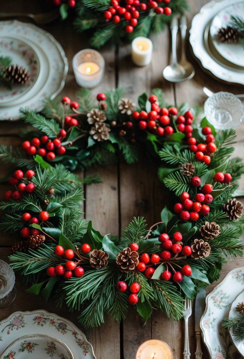 A rustic wooden table decorated with woven berry and greenery wreaths surrounded by vintage Christmas table settings including plates, glassware, and candles.
