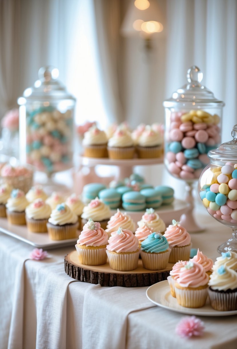 A dessert table with cupcakes, macarons, and jars of colorful candies arranged for a baby shower celebration.