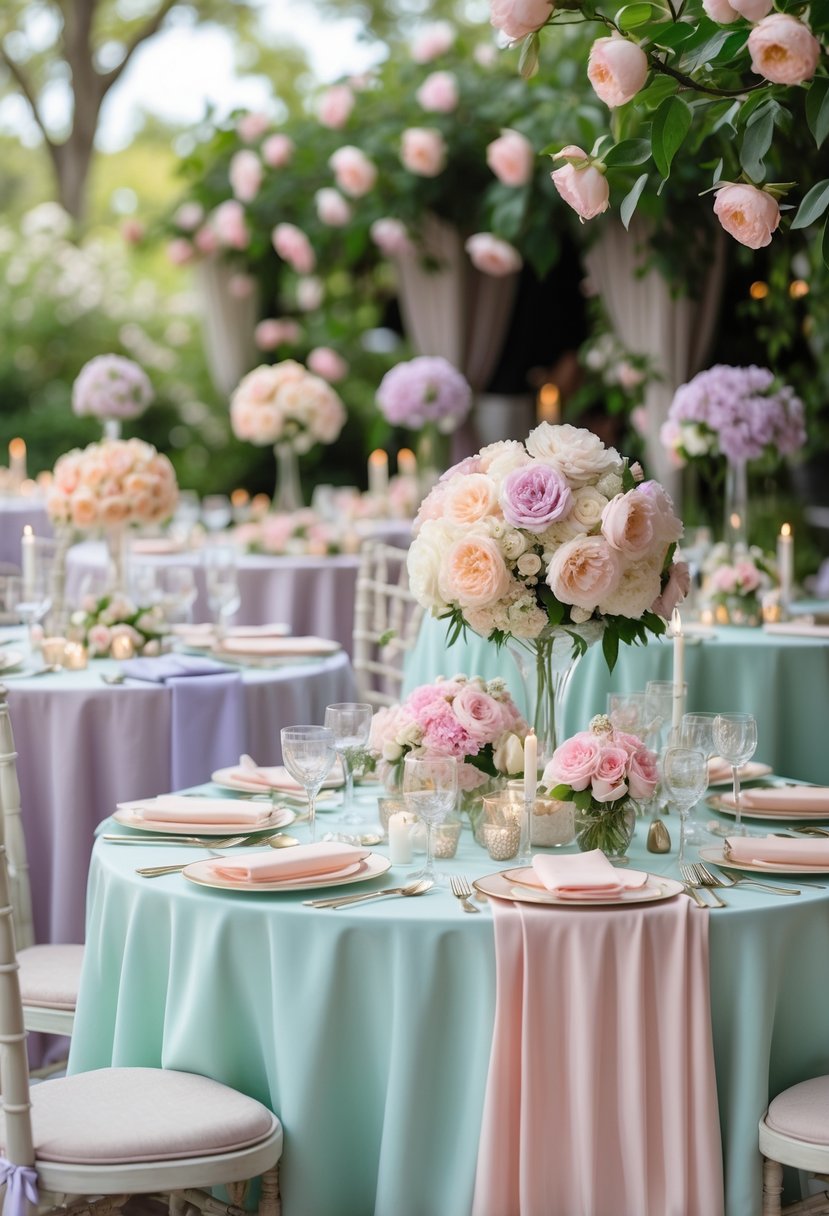 A garden scene with sixteen baby shower tables decorated with fresh roses, peonies, pastel linens, and floral centerpieces.