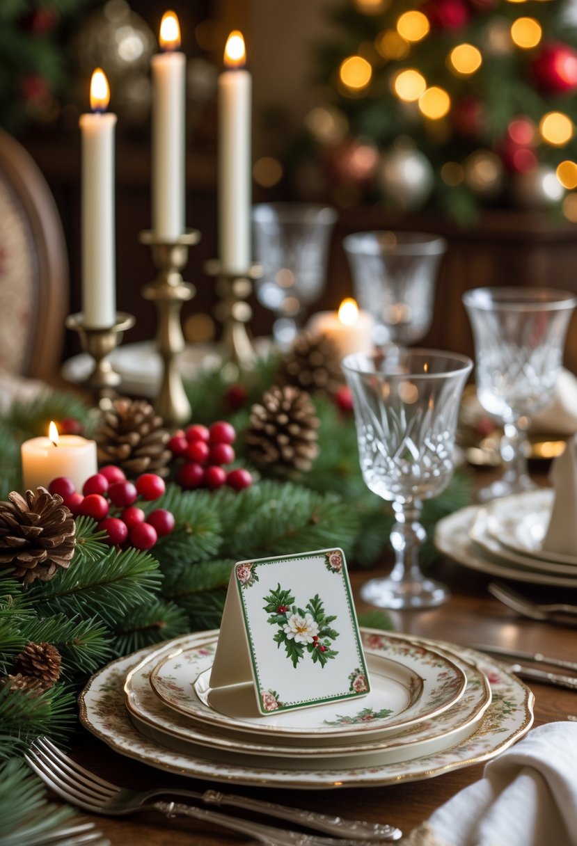 A festive dining table set for Christmas with antique porcelain place cards, evergreen garlands, candles, fine china, and holiday decorations.
