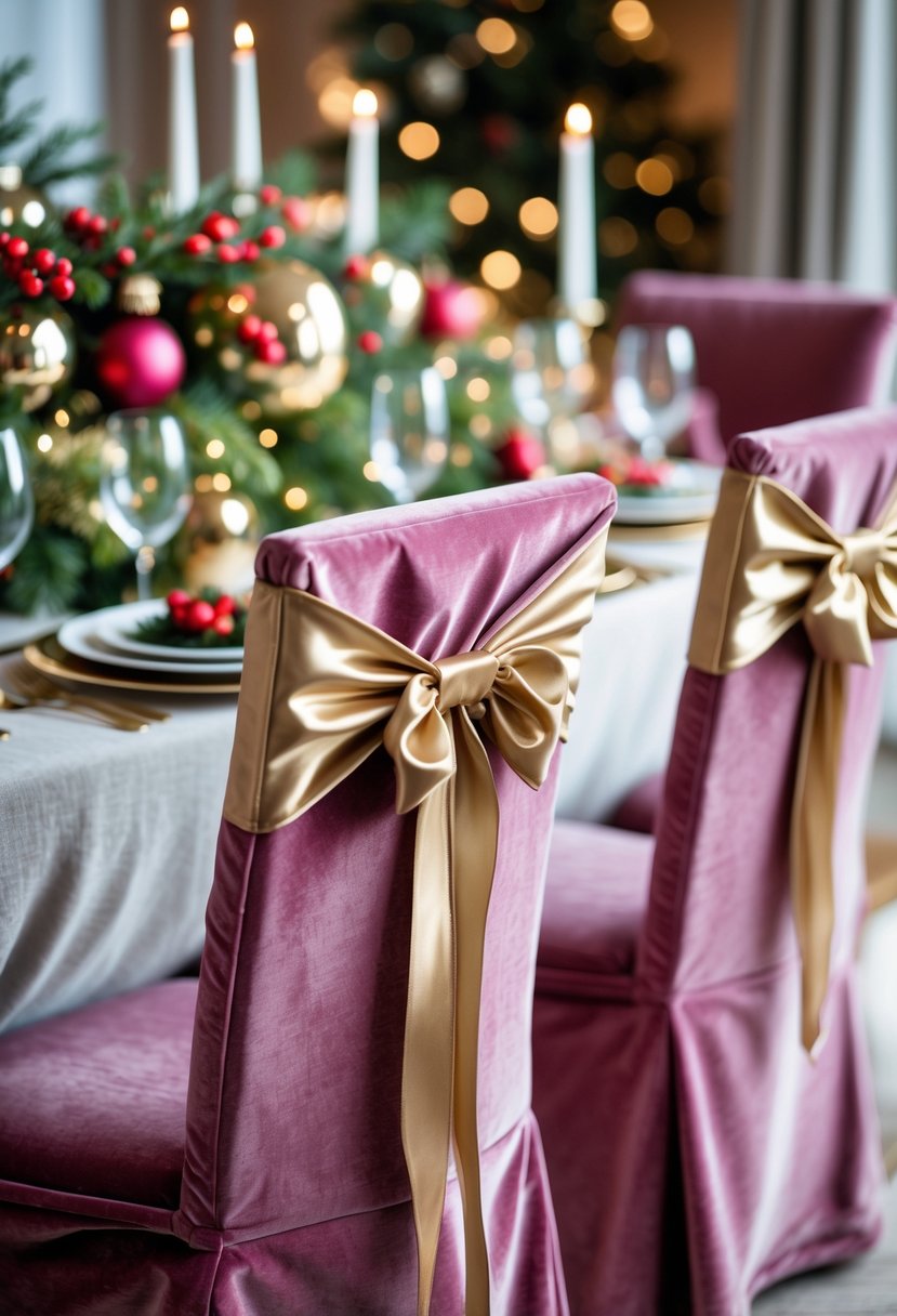 A dining table set for Christmas with pink velvet chair covers tied with gold ribbons and festive holiday decorations.