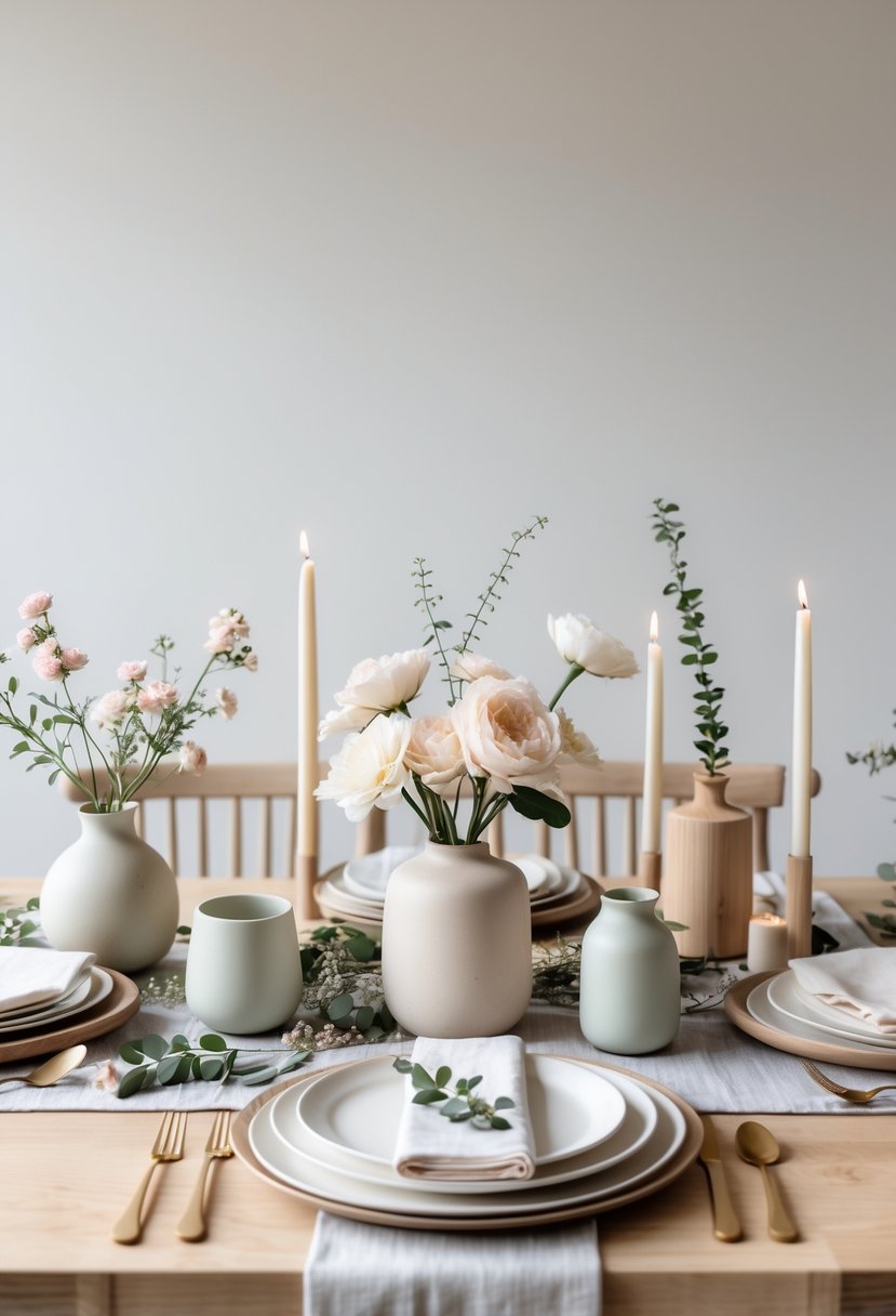 A neatly arranged baby shower table with soft pastel decorations, flowers, candles, and simple tableware in a calm and inviting setting.