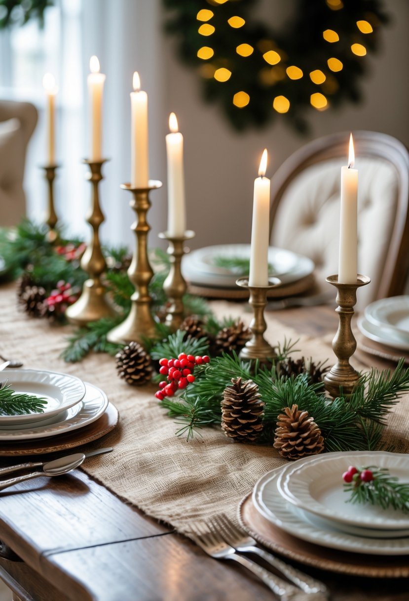 A wooden dining table with a burlap table runner decorated with candles, pine cones, evergreen sprigs, red berries, and white plates set for Christmas.