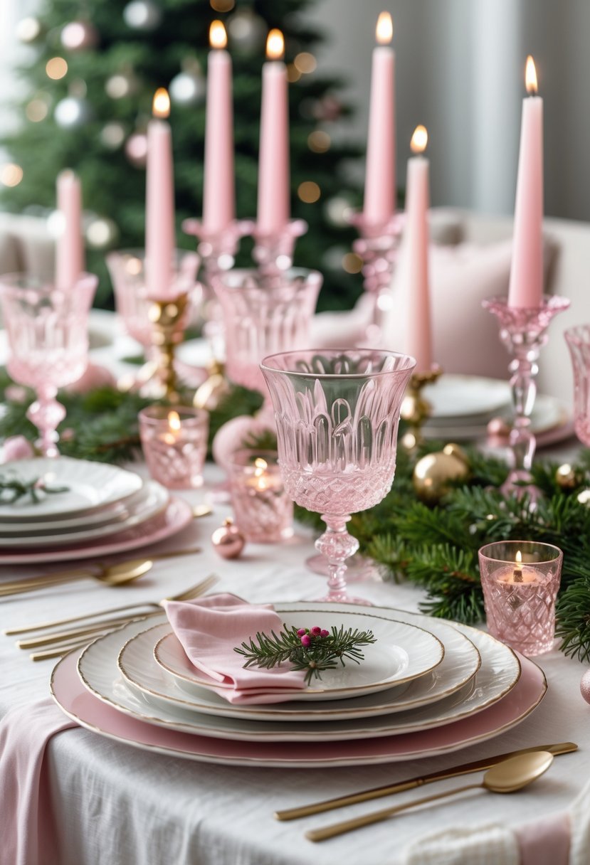 A Christmas table set with crystal glassware that has a subtle pink tint, surrounded by festive decorations and soft pink accents.