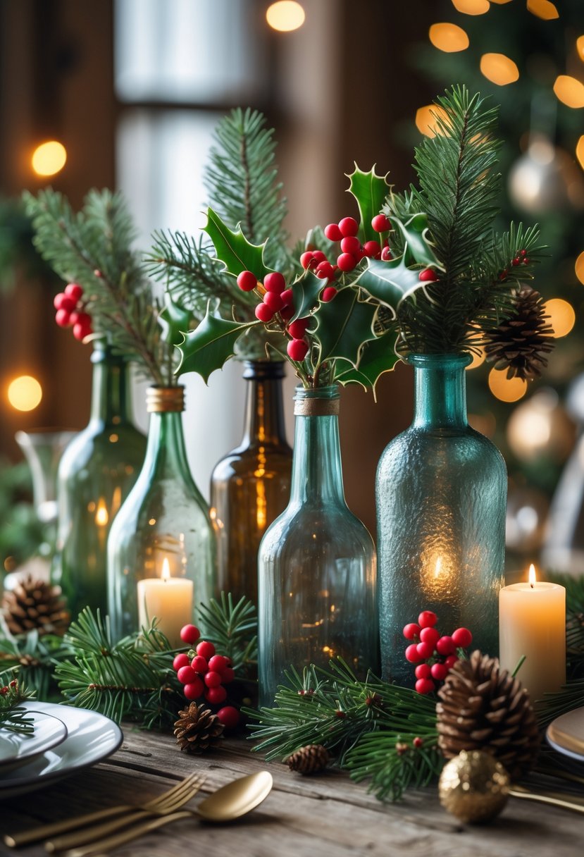 A rustic wooden table with vintage glass bottles used as vases holding pine branches, holly, and red berries, surrounded by pine cones and candles in a Christmas setting.
