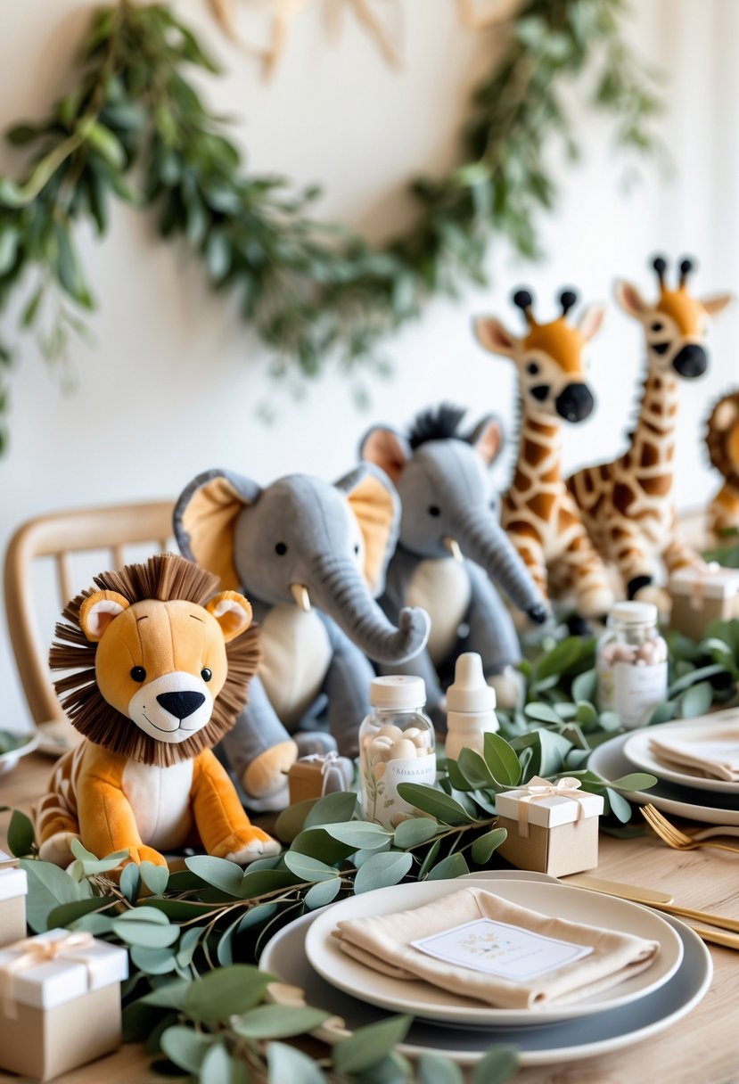 A baby shower table decorated with plush safari animal toys and green leafy garlands, featuring baby shower decorations and tableware.