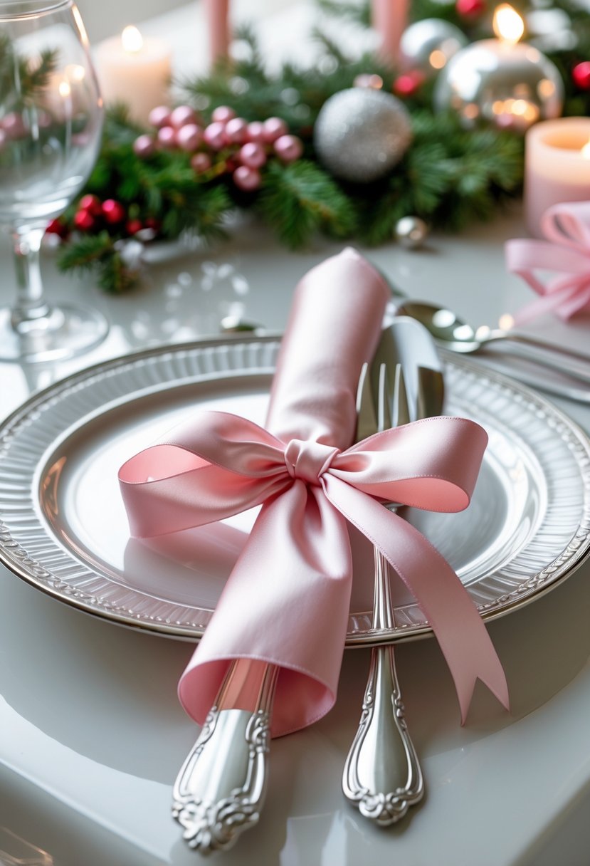 Close-up of silverware tied with a pink satin ribbon on a decorated Christmas table.