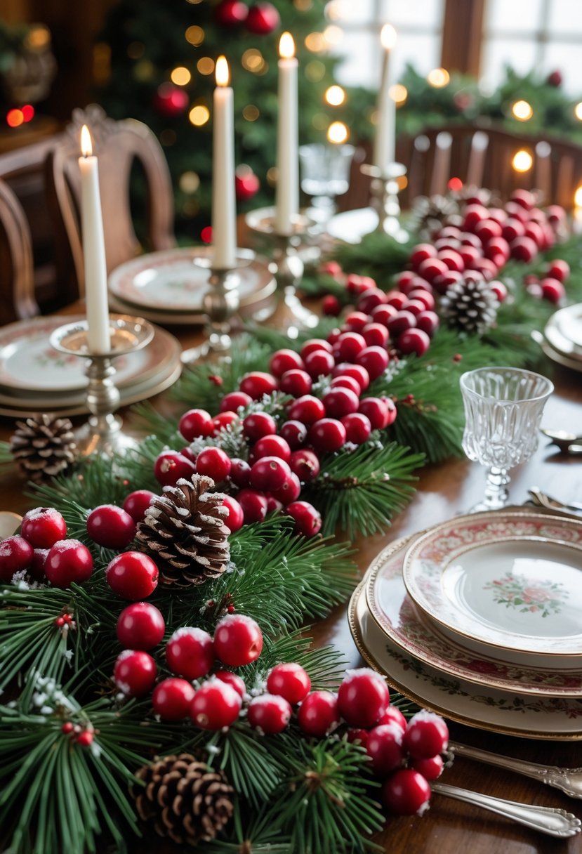 A vintage Christmas dining table decorated with a cranberry garland, pinecones, candles, and holiday tableware.