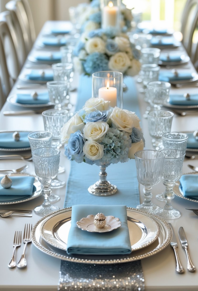 A beautifully decorated baby shower table with silver and baby blue accents, featuring flowers, candles, glassware, and elegant table settings.