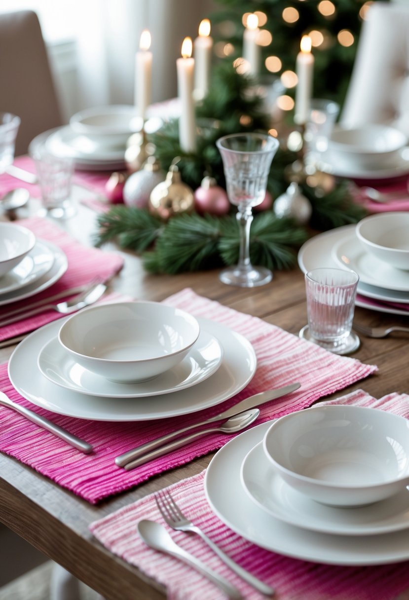 A holiday dining table with white dinnerware set on pink gradient placemats.
