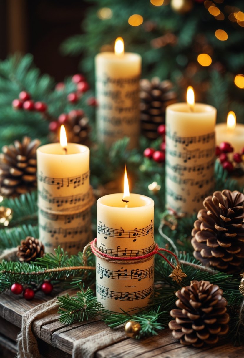 A table with lit candles wrapped in holiday sheet music surrounded by Christmas decorations like pine cones and red berries.