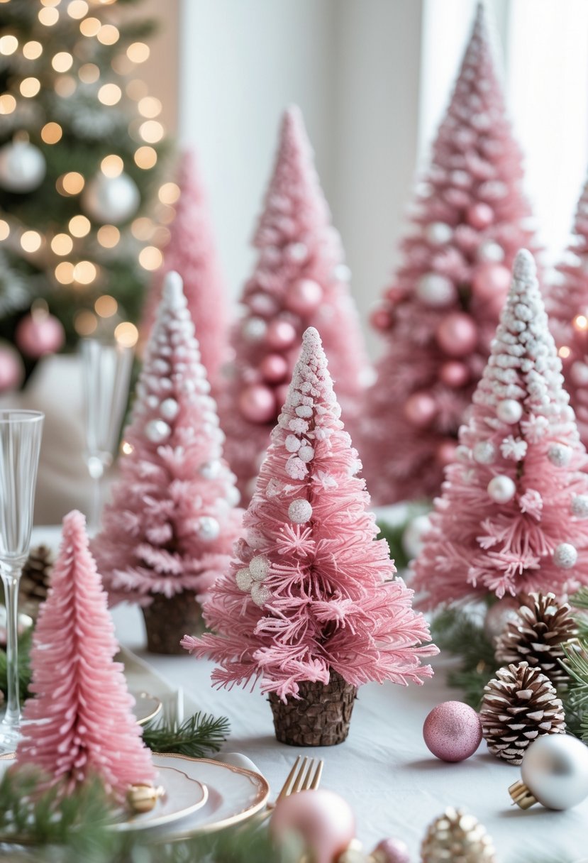 A holiday table decorated with small pink Christmas trees covered in fake snow and surrounded by festive ornaments and greenery.