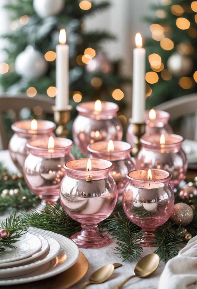 A group of pink mercury glass votive holders clustered together on a holiday table with candles lit inside.