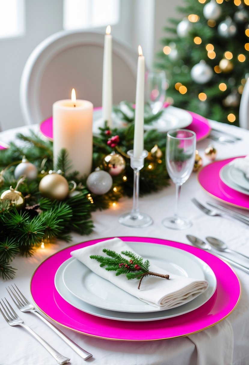 A holiday dining table with bright pink charger plates under white dinner plates, decorated with pine branches and candles.