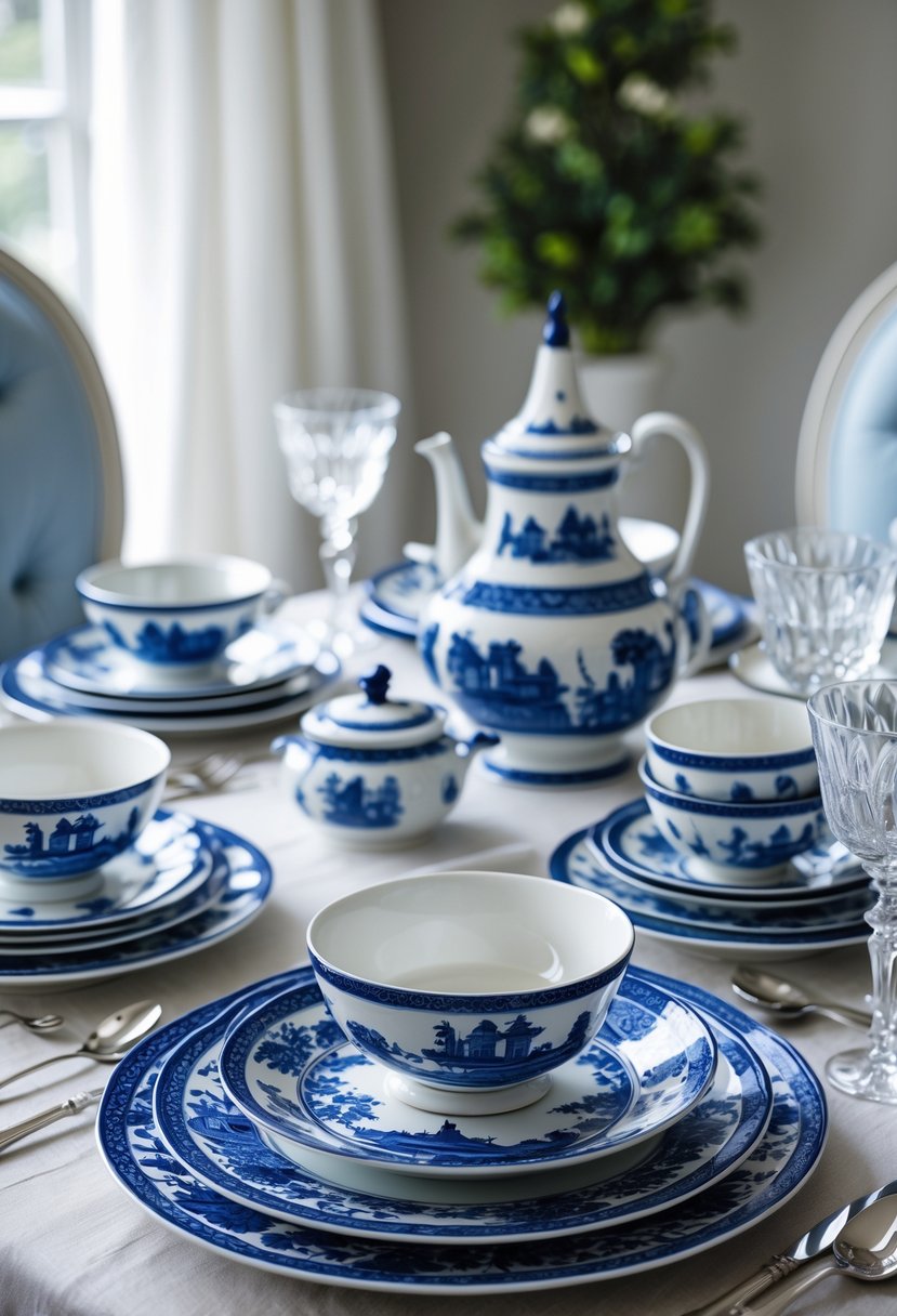A dining table set with blue and white patterned dinnerware, including plates, bowls, cups, and silverware, arranged neatly for a meal.