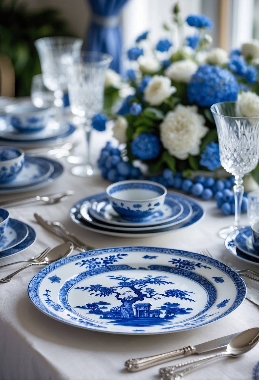 A dining table set with blue and white patterned porcelain platters and matching dinnerware.