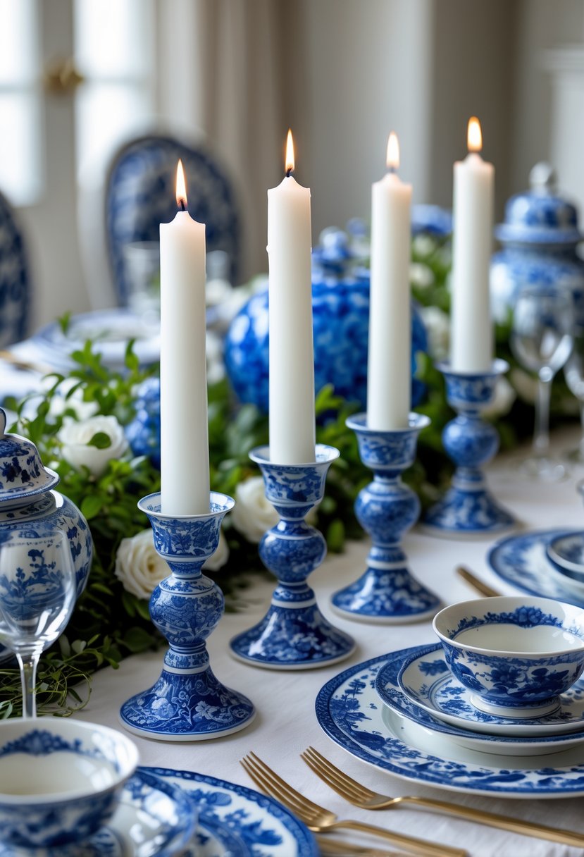 White taper candles in blue candlestick holders on a table set with blue and white porcelain dishes and decorative elements.
