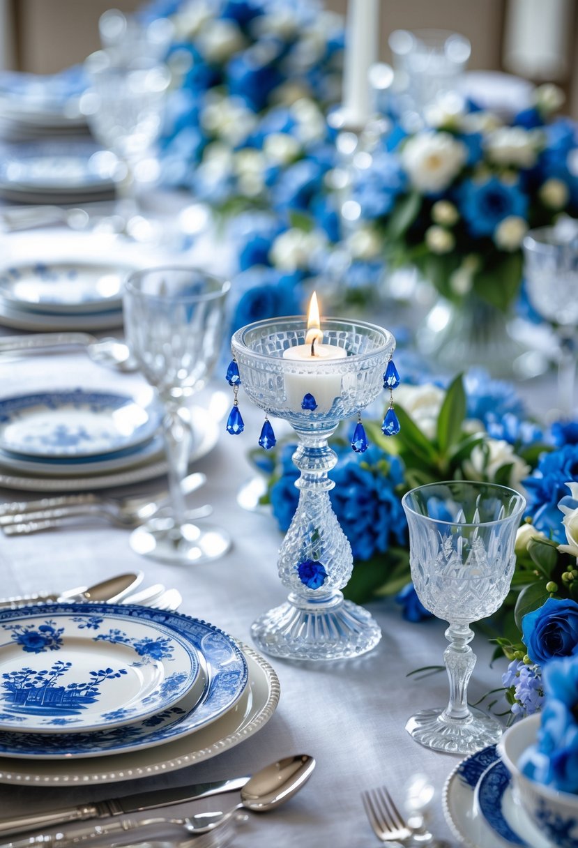 A table set with crystal candle holders featuring blue accents, surrounded by blue and white plates, silverware, and floral decorations.
