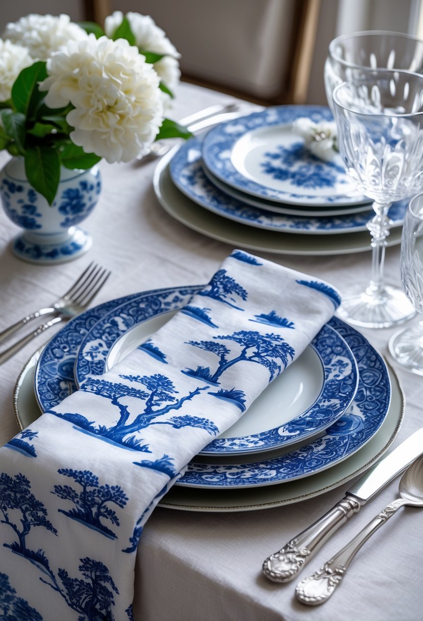 A dining table set with blue and white porcelain plates, silverware, crystal glasses, and blue willow printed linen napkins folded beside the plates, accompanied by a vase of white flowers.