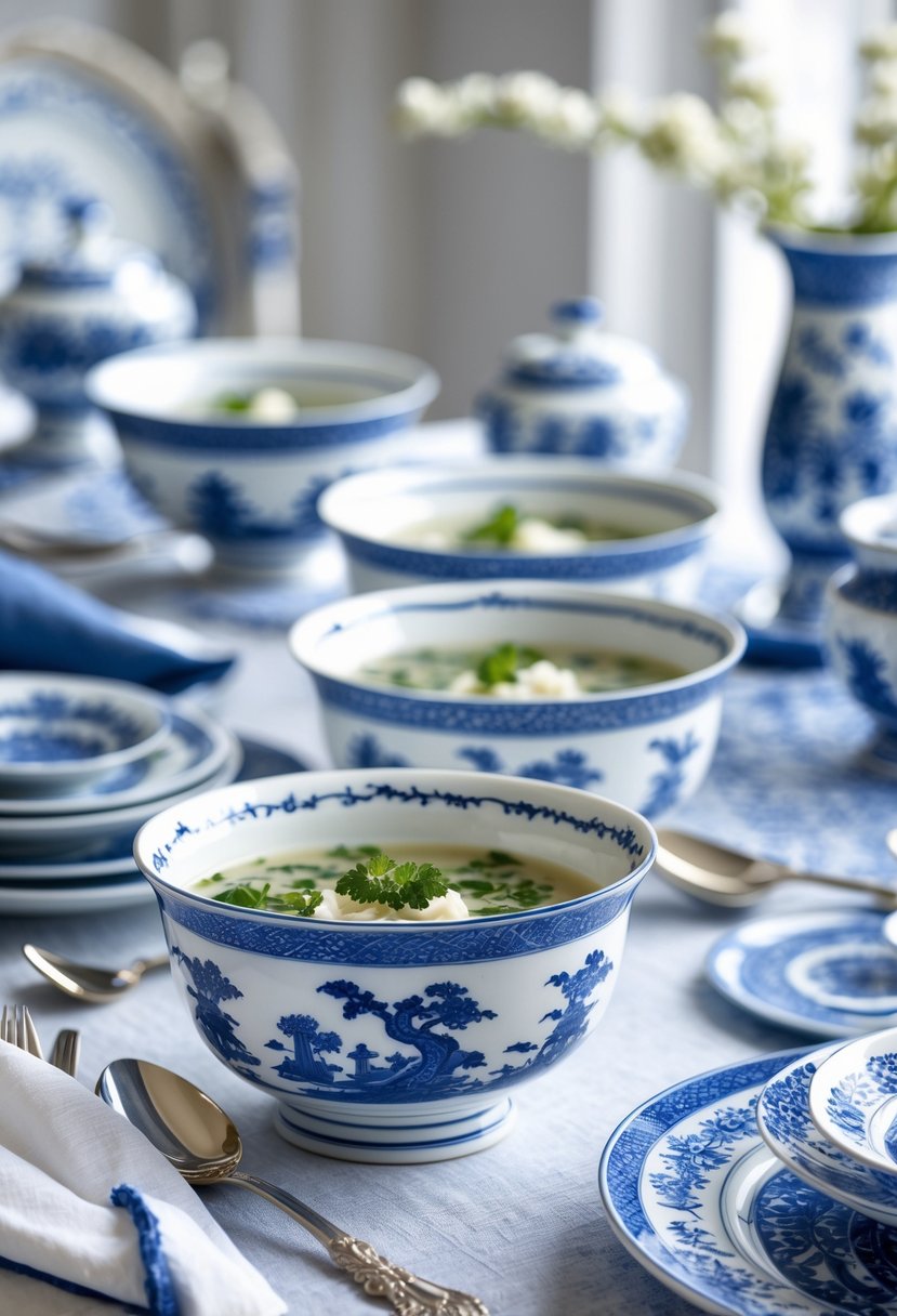 A set of porcelain soup bowls with blue willow patterns arranged on a dining table with matching tableware and silver cutlery.