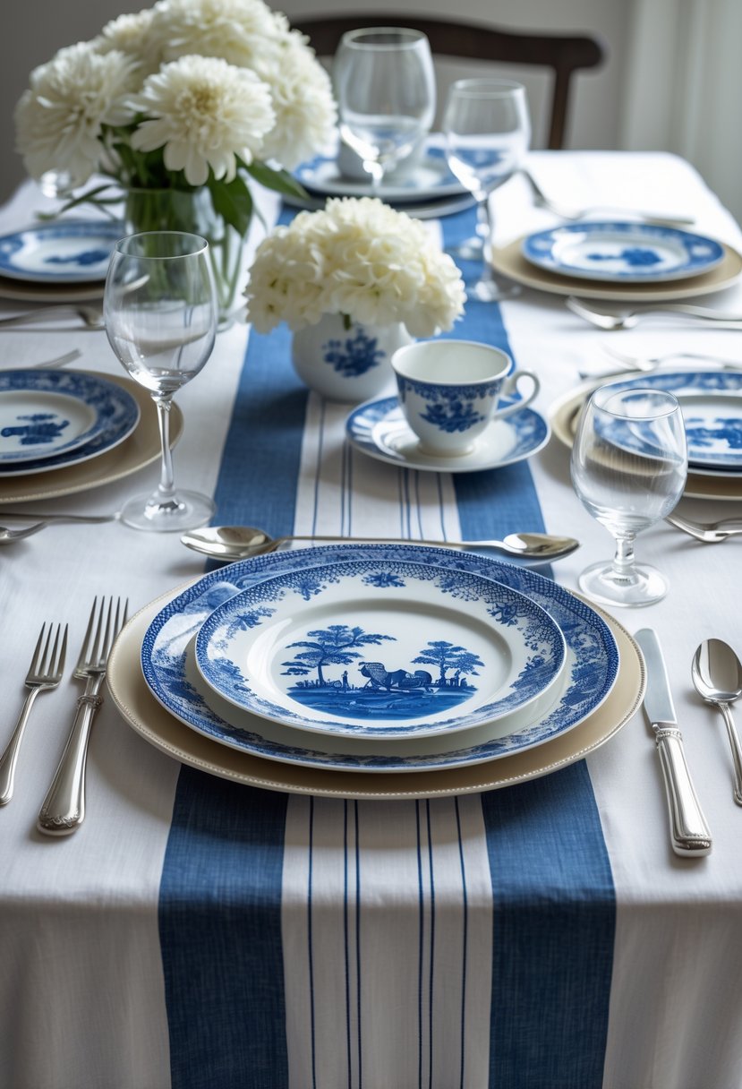 A dining table set with a blue and white striped runner, blue willow patterned plates, silverware, glassware, and a vase with white flowers.