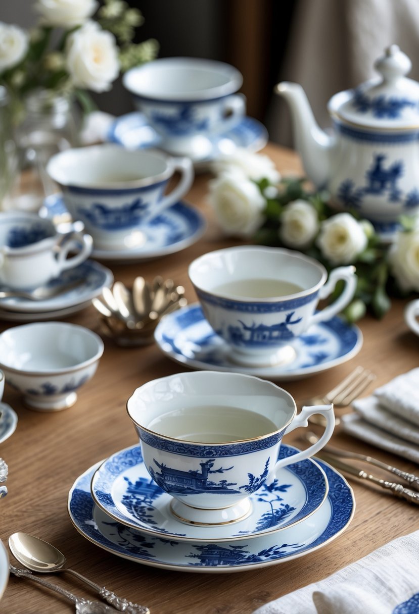 A wooden table with multiple blue and white teacups and saucers arranged neatly, accompanied by teaspoons and floral decorations.