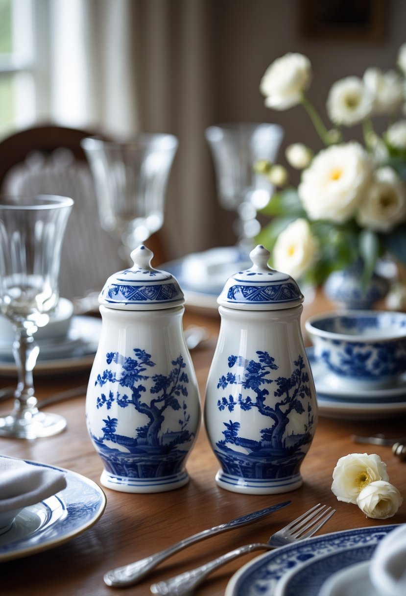 A pair of ceramic salt and pepper shakers with blue patterns on a set dining table with plates, glasses, and flowers.