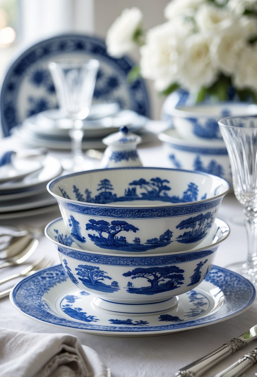 A set of blue and white serving bowls with pastoral scenes arranged on a dining table with plates, silverware, and glassware.