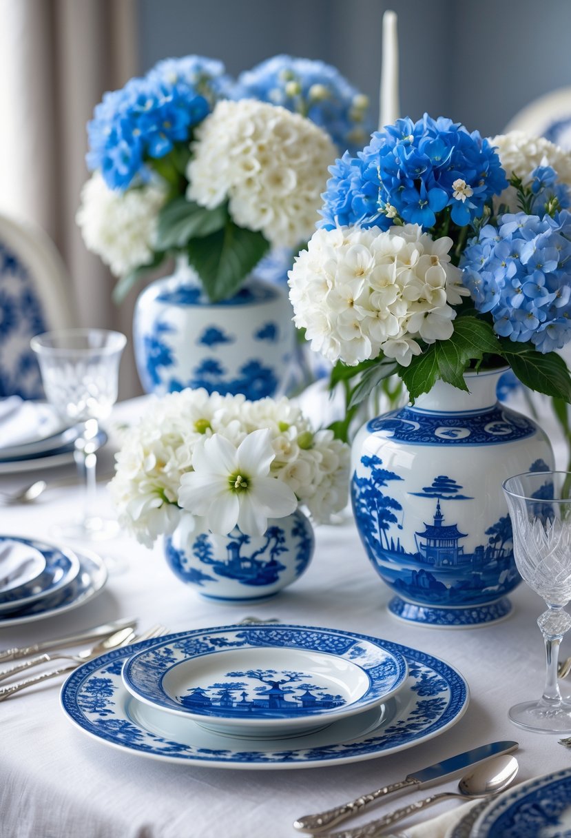 A table set with blue and white floral centerpiece, matching dinnerware, silver cutlery, and crystal glassware.