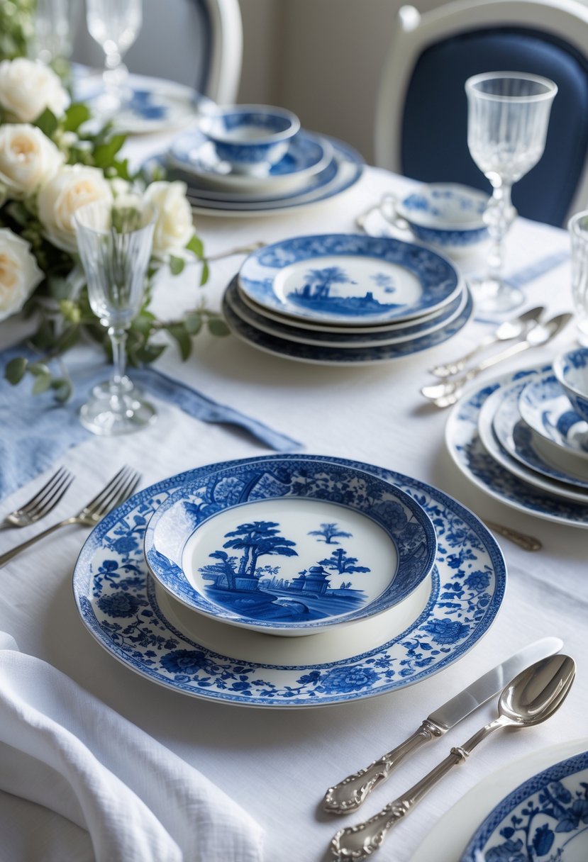A table set with blue and white dessert plates featuring intricate designs, accompanied by silver cutlery, glassware, and floral centerpieces.