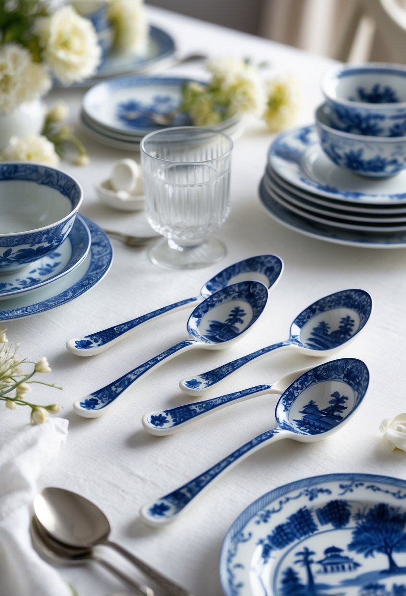 A set of blue and white patterned soup spoons arranged on a table with matching plates, bowls, and glassware in an elegant dining setting.