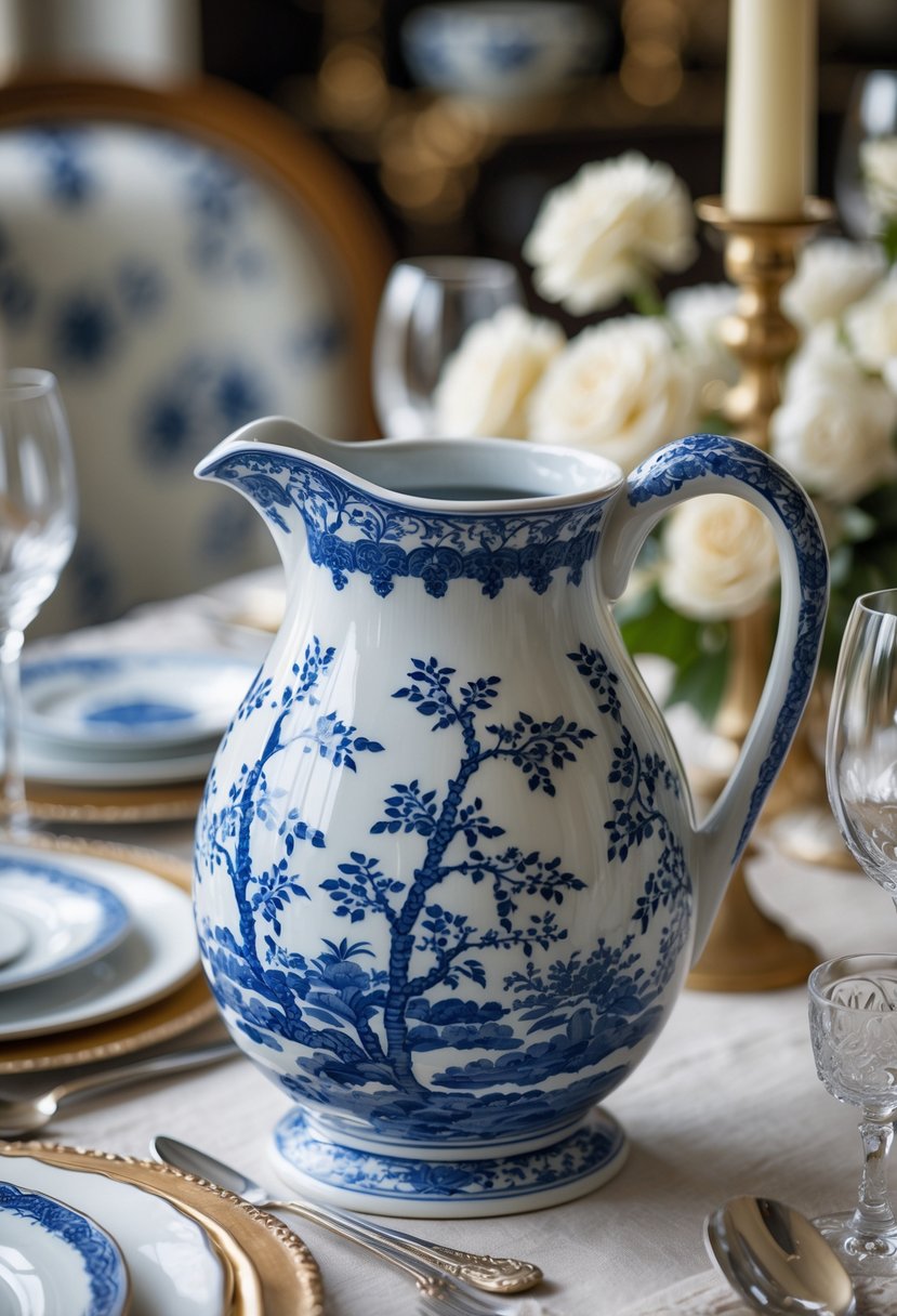 A vintage blue and white ceramic pitcher on a dining table set with plates, silverware, glasses, and flowers.