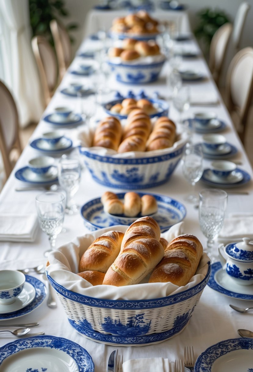 A table set with multiple blue and white patterned bread baskets filled with bread, surrounded by matching plates, cups, and cutlery.