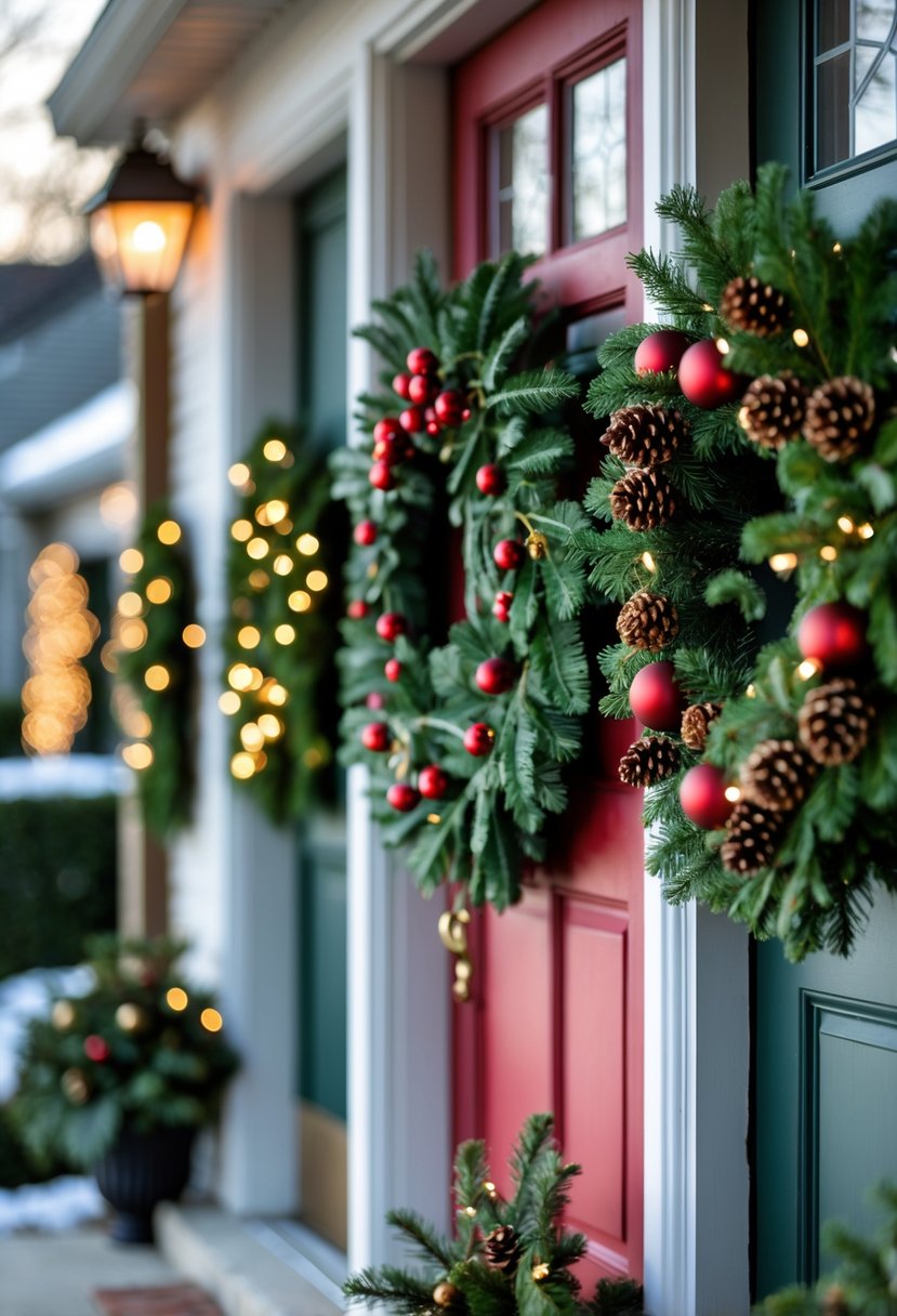 Christmas Wreaths for Front Door Ideas 2025: 23 Stylish and Festive Designs 2 Front doors decorated with various Christmas wreaths featuring pine branches, berries, ornaments, and lights in a neighborhood setting.