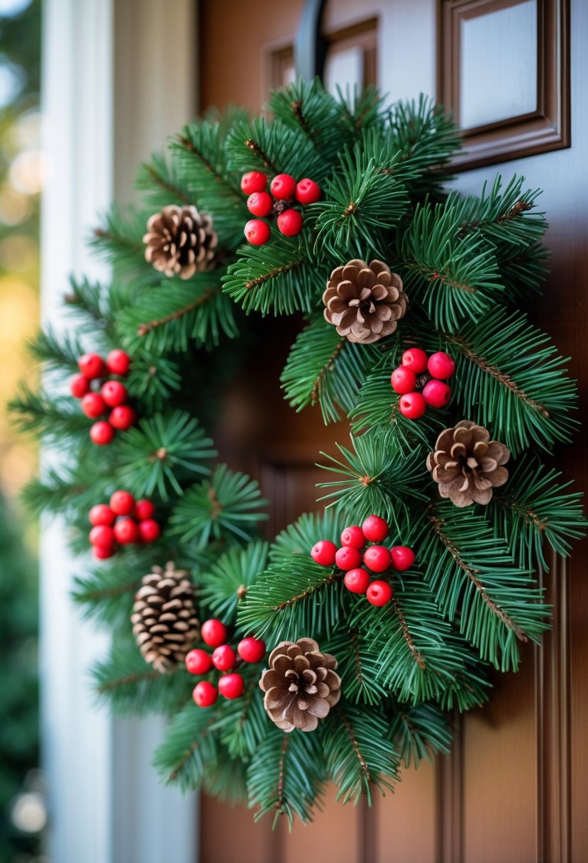 Christmas Wreaths for Front Door Ideas 2025: 23 Stylish and Festive Designs 3 A classic green Christmas wreath decorated with pinecones and red berries hanging on a door.
