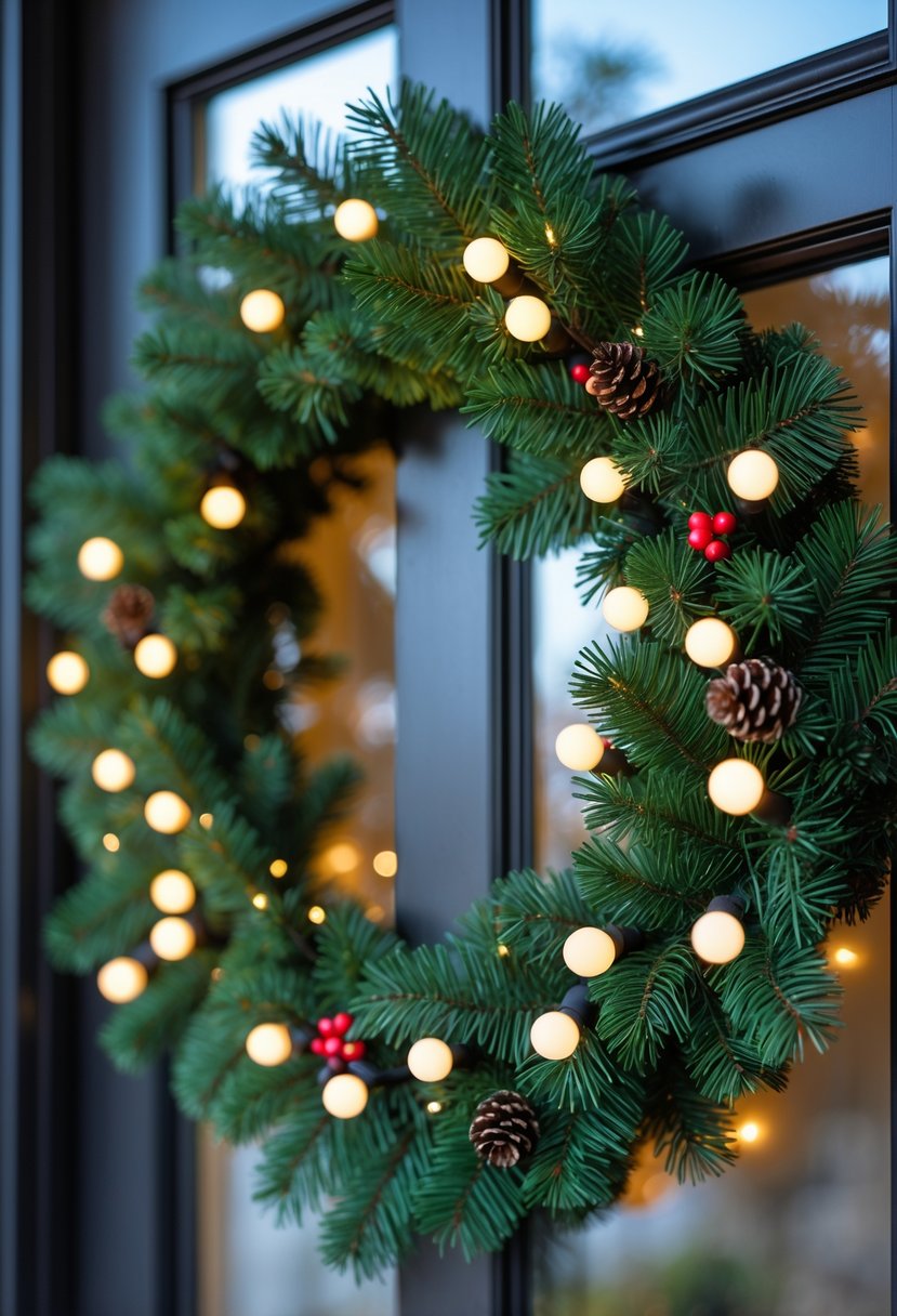 Christmas Wreaths for Front Door Ideas 2025: 23 Stylish and Festive Designs 4 A green Christmas wreath with warm white LED lights hanging on a front door.