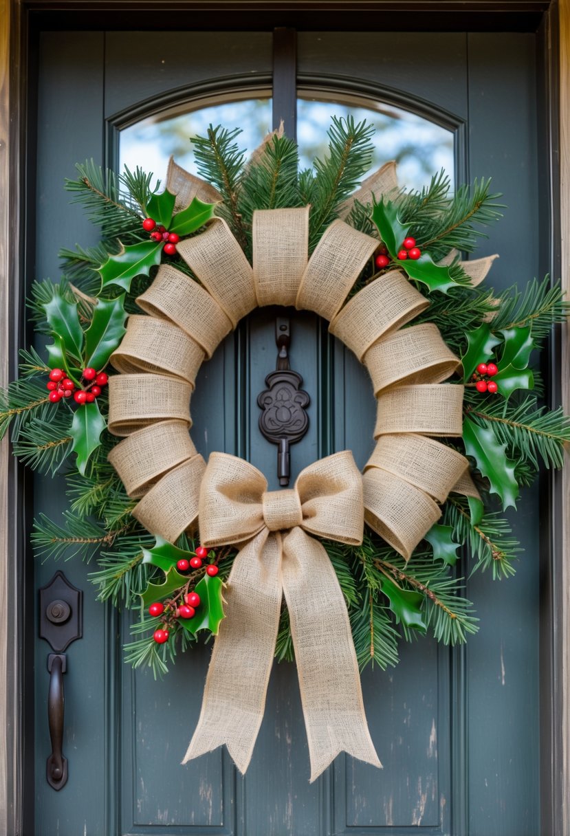 Christmas Wreaths for Front Door Ideas 2025: 23 Stylish and Festive Designs 5 A rustic burlap ribbon wreath decorated with green pine branches and red berries hanging on a wooden front door.