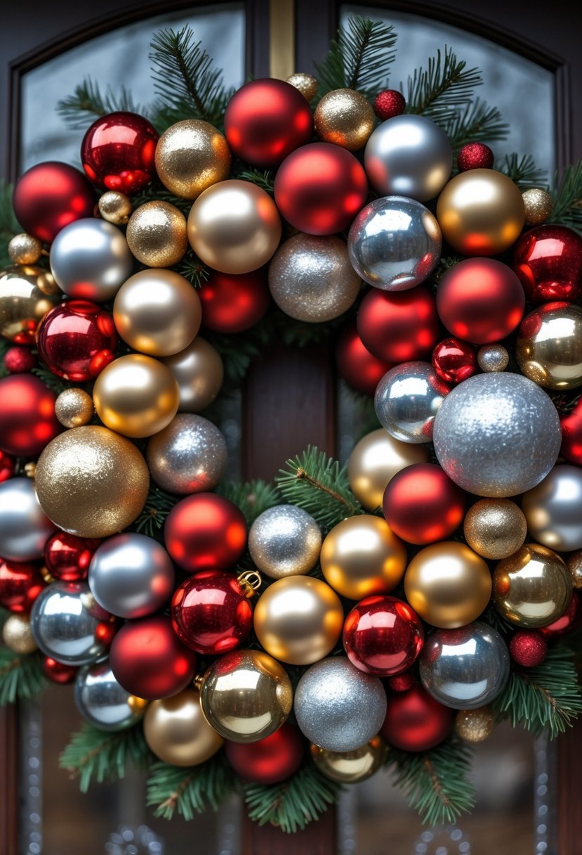 Christmas Wreaths for Front Door Ideas 2025: 23 Stylish and Festive Designs 6 A round Christmas wreath made of red, gold, and silver ornament balls hanging on a front door.
