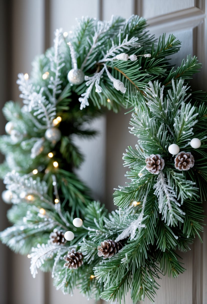 Christmas Wreaths for Front Door Ideas 2025: 23 Stylish and Festive Designs 7 A frosted pine needle wreath decorated with icy accents, pine cones, and white berries hanging on a door.