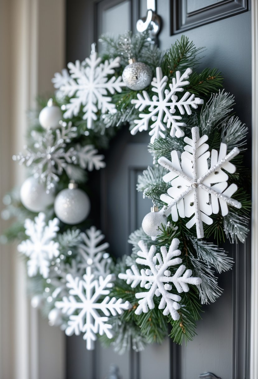 Christmas Wreaths for Front Door Ideas 2025: 23 Stylish and Festive Designs 10 A white and silver snowflake Christmas wreath hanging on a front door.