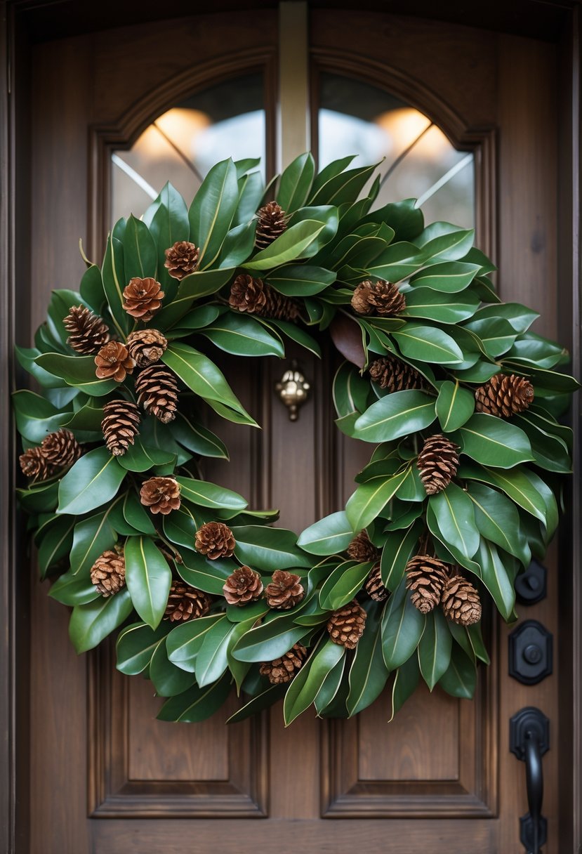 Christmas Wreaths for Front Door Ideas 2025: 23 Stylish and Festive Designs 12 A natural magnolia leaf wreath with pinecones hanging on a wooden front door.