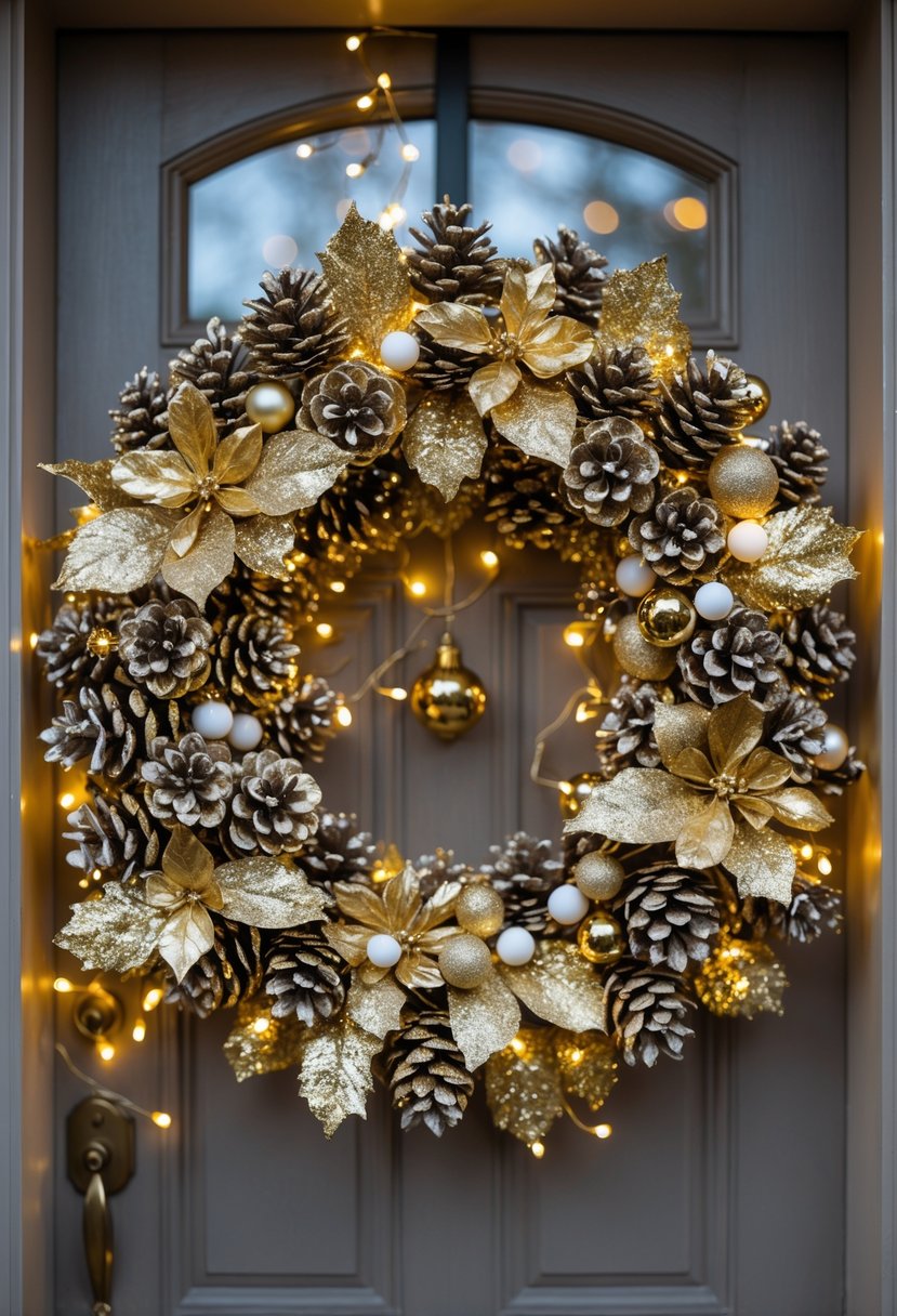 Christmas Wreaths for Front Door Ideas 2025: 23 Stylish and Festive Designs 13 A gold and glitter pinecone Christmas wreath hanging on a wooden front door.