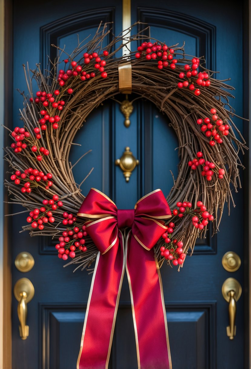 Christmas Wreaths for Front Door Ideas 2025: 23 Stylish and Festive Designs 14 A handmade Christmas wreath made of twigs and red berries with a large festive ribbon, hanging on a front door.